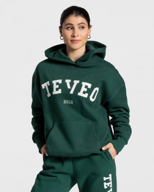 Teveo College Oversized レディース パーカー 暗緑 | UQK-0985